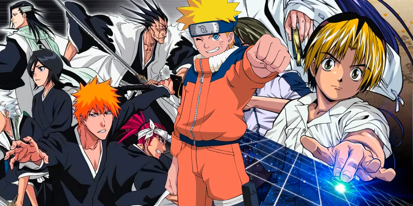 10 Best Anime By Studio Pierrot feature image with Naruto in front of the cast from Bleach including Ichigo and Hikaru from Hikaru no Go. Image