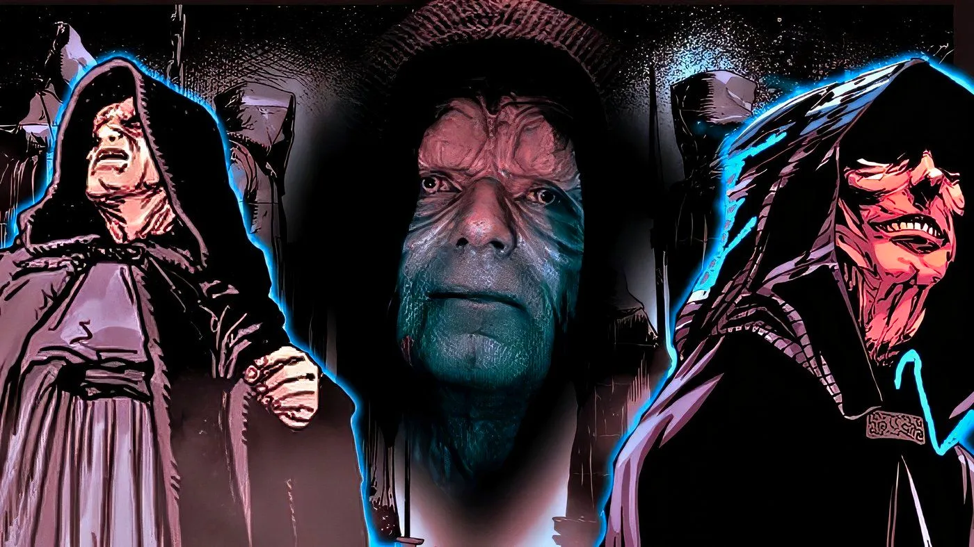 3 versions of Star Wars' Emperor Palpatine, the live-action version and two comic book versions. Image