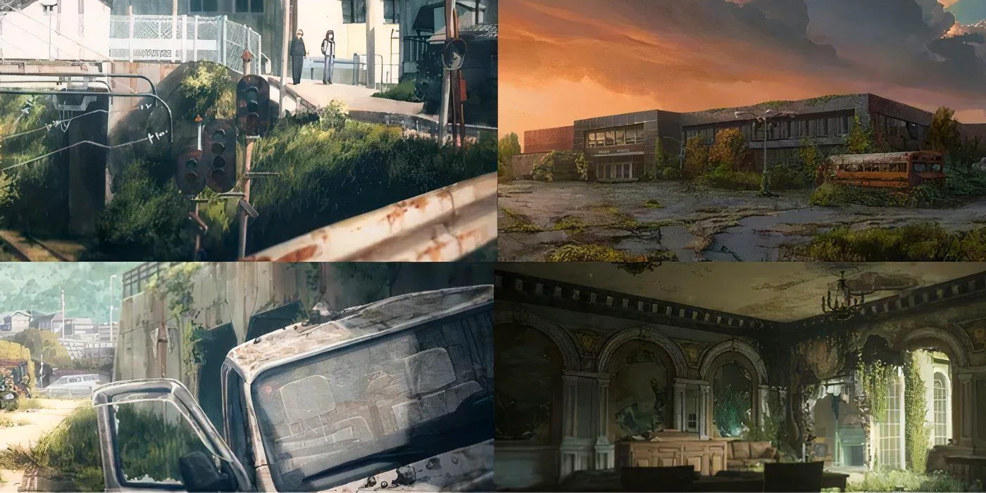 4 Art frames from Heavenly Delusion anime and The Last of Us game comparing the their similarities Image