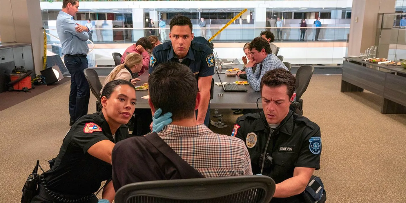 911 Lone Star's cast treating a patient who is seated in an office chair Image