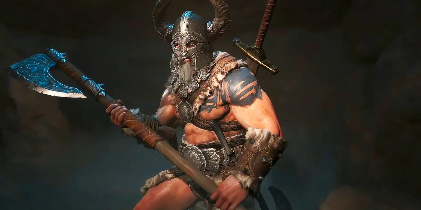 A Barbarian with a great axe and horned helmet in Diablo 4 Image