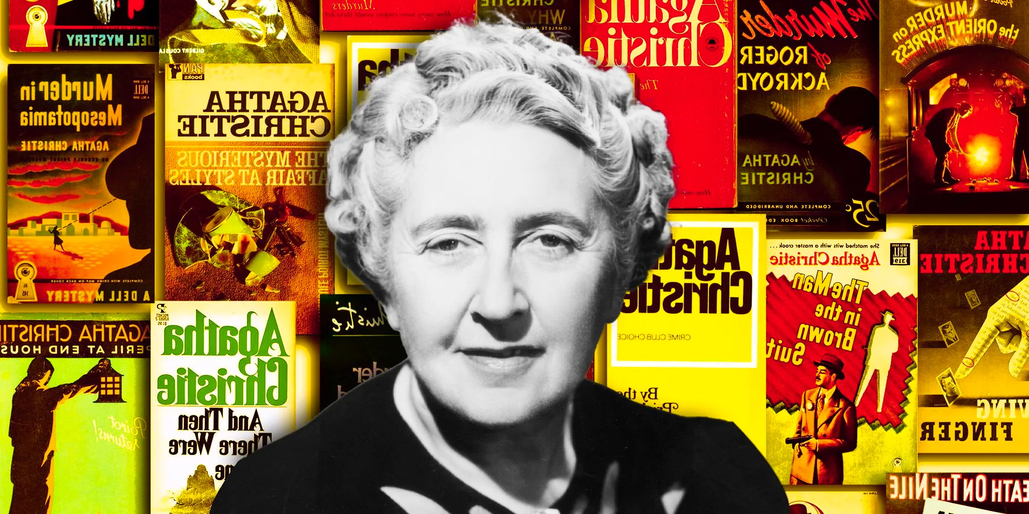 A black-and-white image of Agatha Christie overtop a background of her novels Image