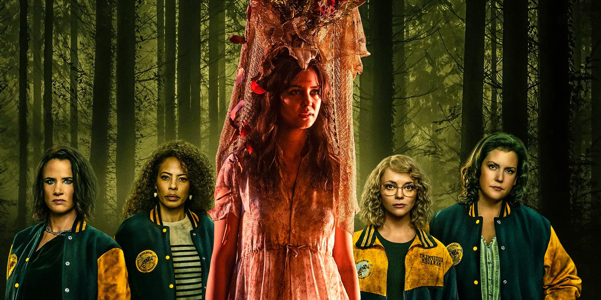 A blended image features a teen Lottie with the antlers above her surrounded by adult survivors in Yellowjackets Image