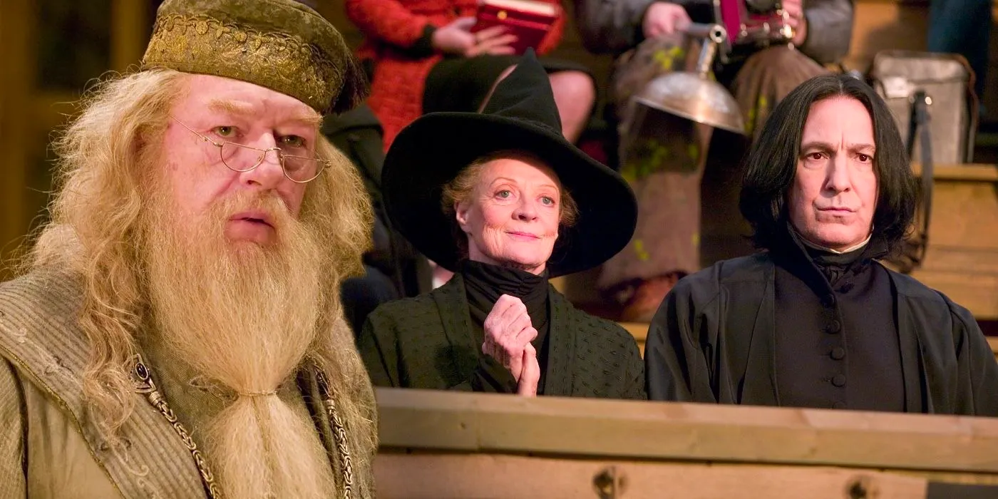 A blended image features Hogwarts staff members Snape, McGonagall, and Dumbledore in the Harry Potter movies Image