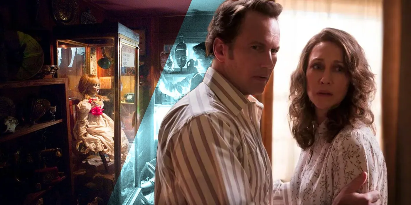 A blended image features Lorraine and Ed Warren in the Conjuring movies and Annabelle in their occult museum Image