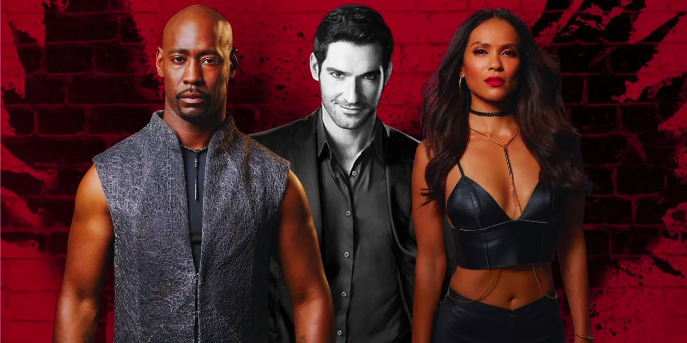 A blended image features Lucifer character Maze and Amenadiel in color on either side of a black and white Lucifer with black wings painted on a red wall in the TV series Lucifer Image