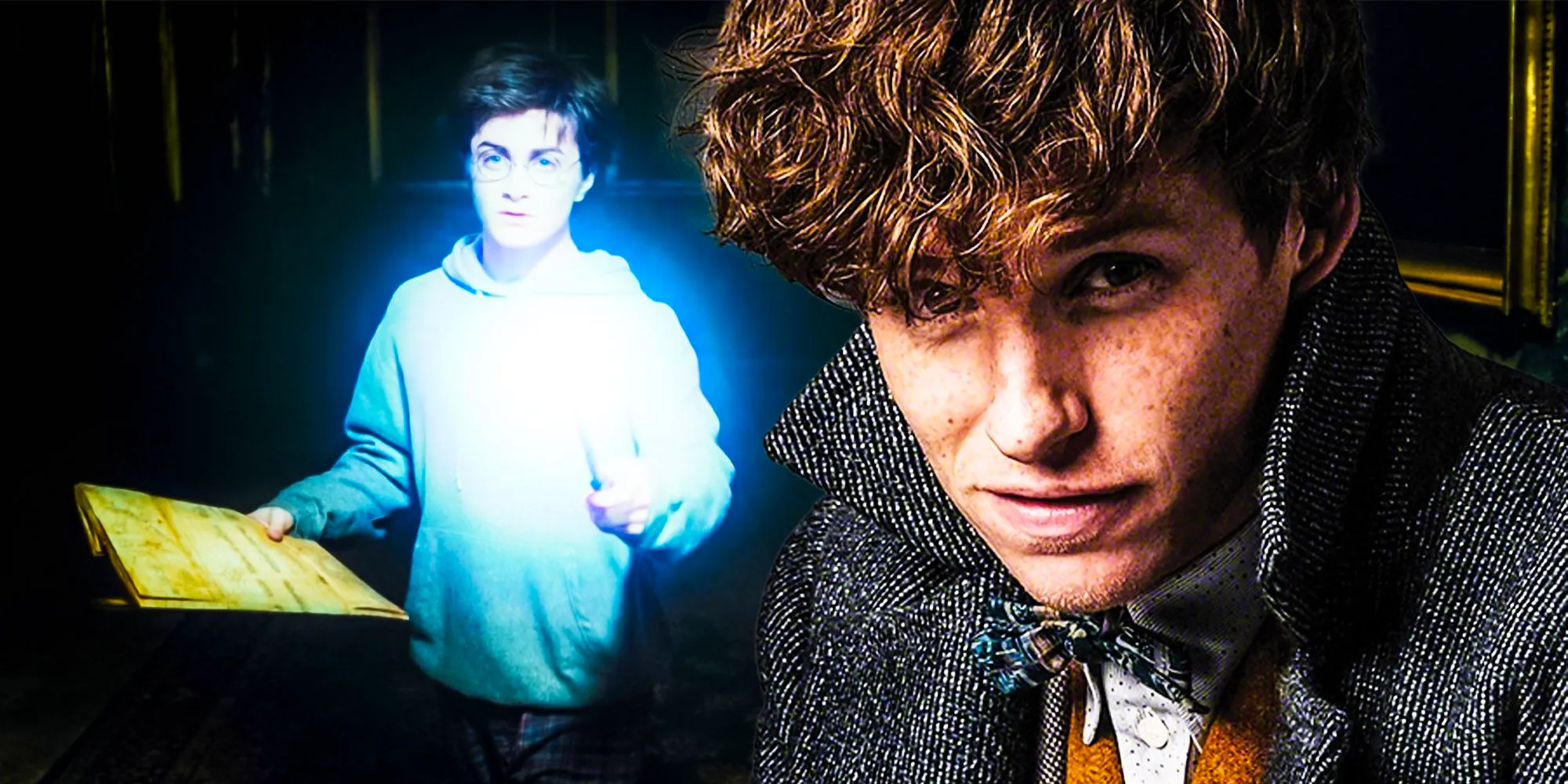 A blended image features Newt Scamander in the Fantastic Beasts movie and Harry Potter with the Marauders Map and his glowing wand in Prisoner of Azkaban Image