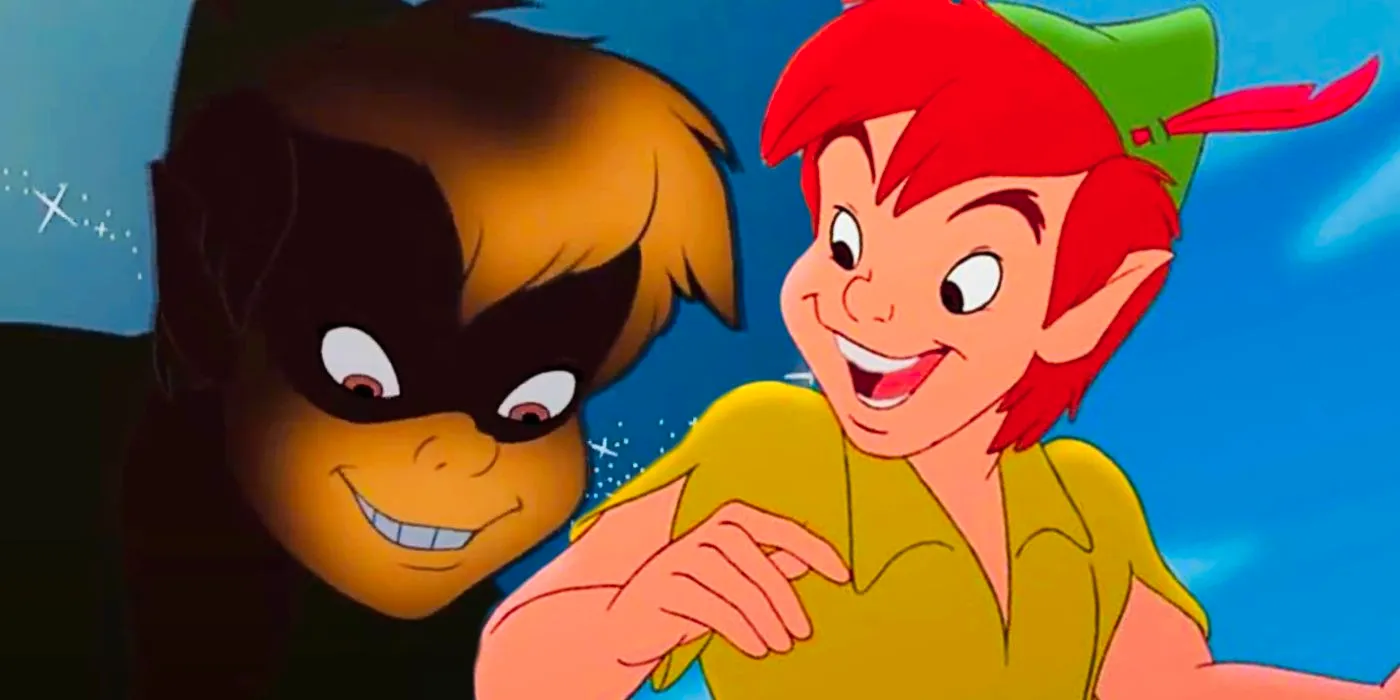 A blended image features Peter Pan in Disney's animated version, both in bright color and in sinister shadow Image