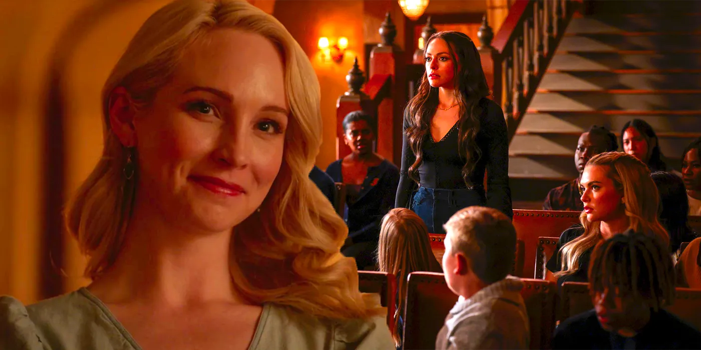 A blended image features the students of Legacies in the background and a closeup of Caroline Forbes of The Vampire Diaries in the fireground Image