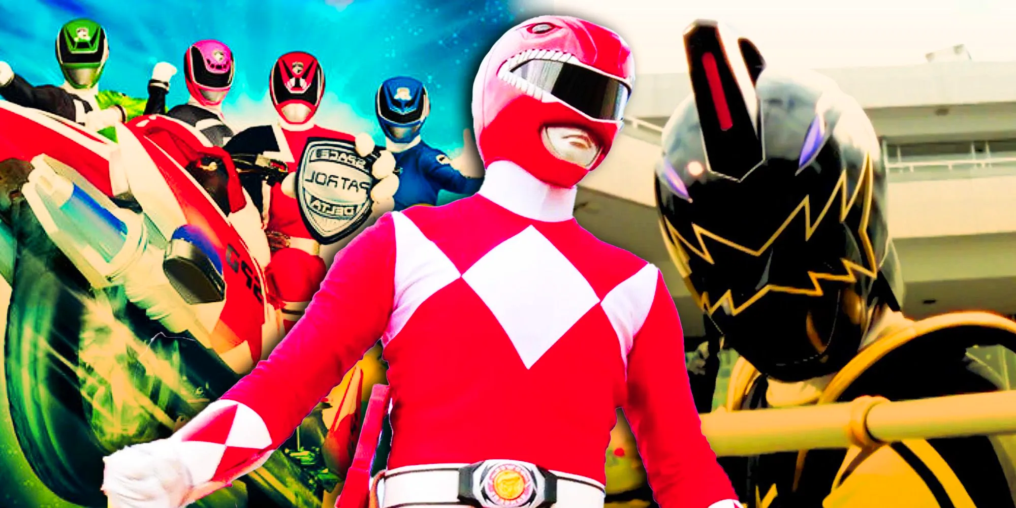 A blended image features Tommy Oliver in Dino Thunder, Jason in Mighty Morphin Power Rangers, and the Power Rangers SPD team Image