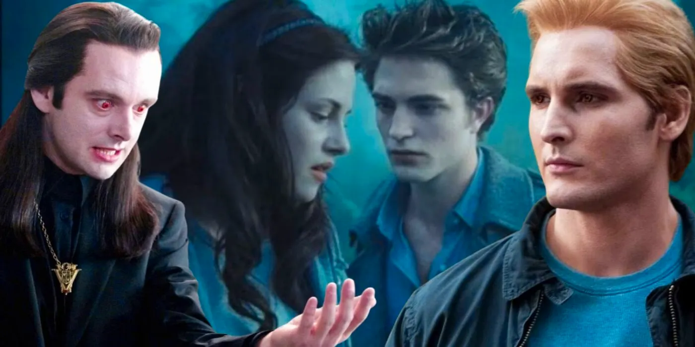 A blended image features Twilight Saga characters Carlisle, Edward, Bella, and Aro Image