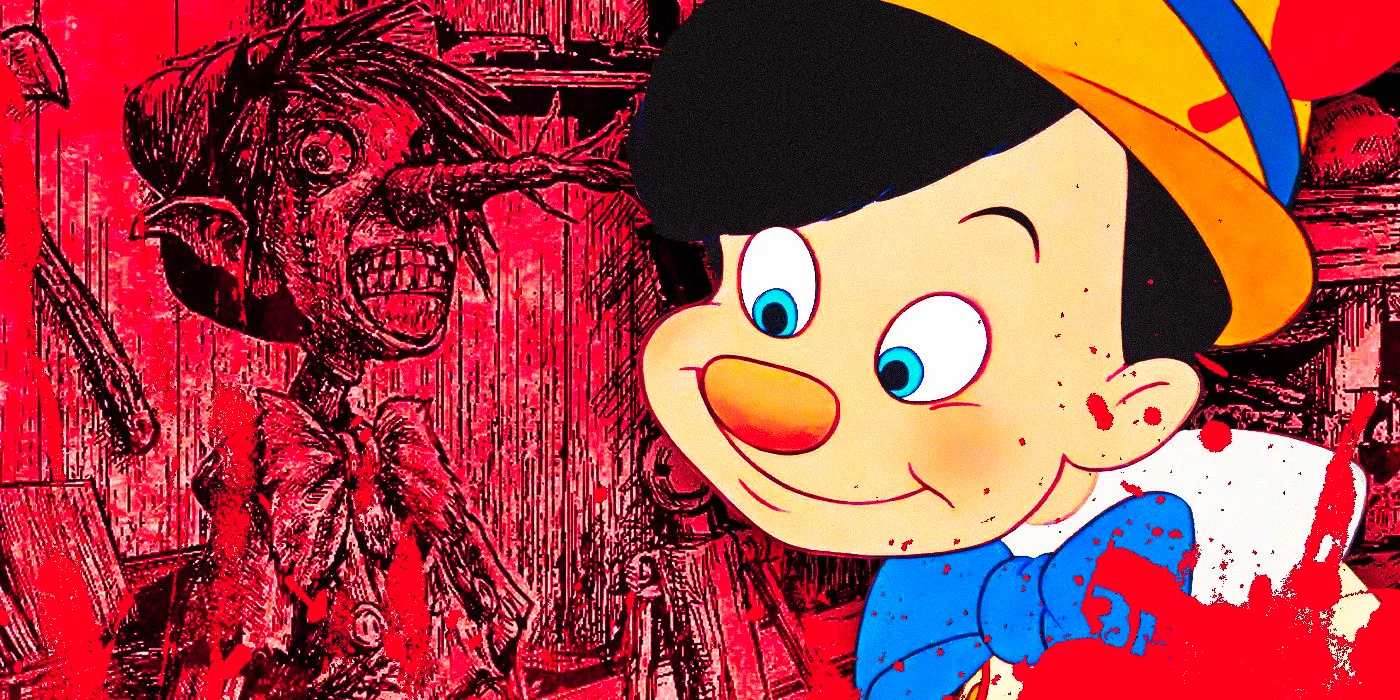 A blood-splattered Pinocchio smiles from the Disney movie in front of concept art from Pinocchio Unstrung Image