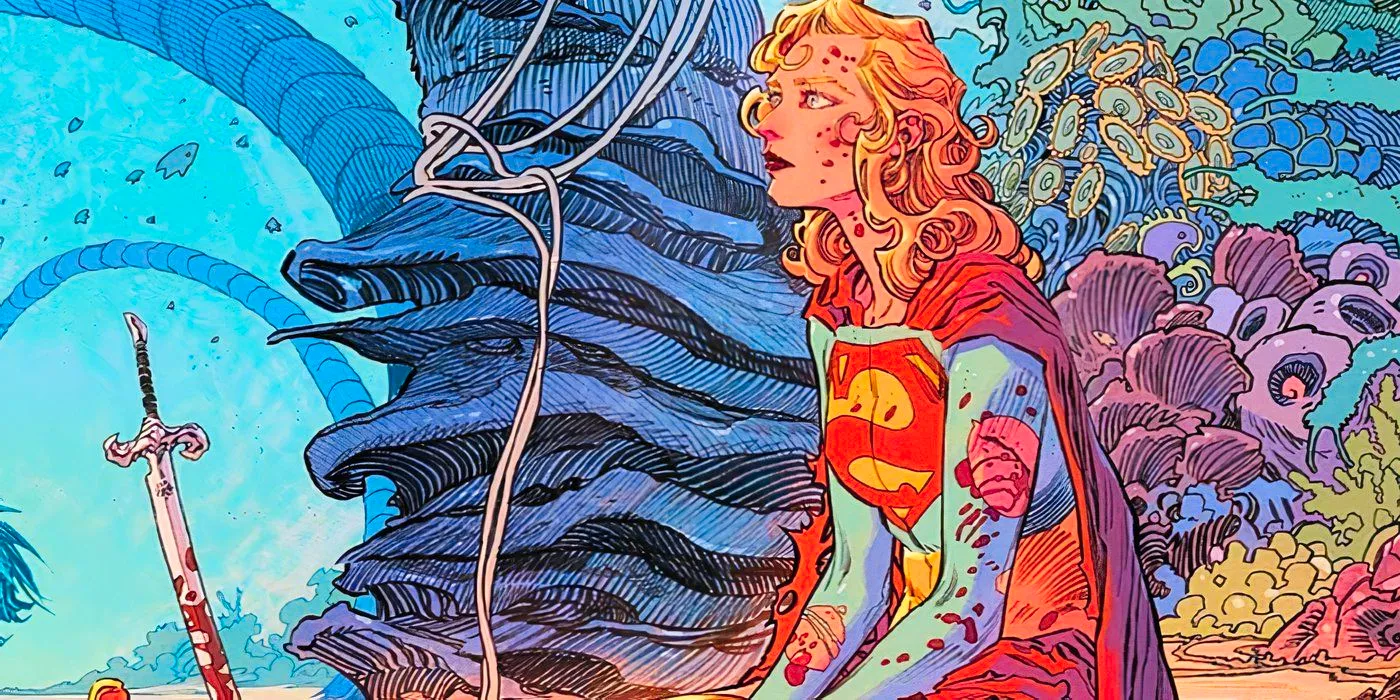 A bloodied and disheveled Supergirl sits and reflects in the Supergirl Woman of Tomorrow comic Image