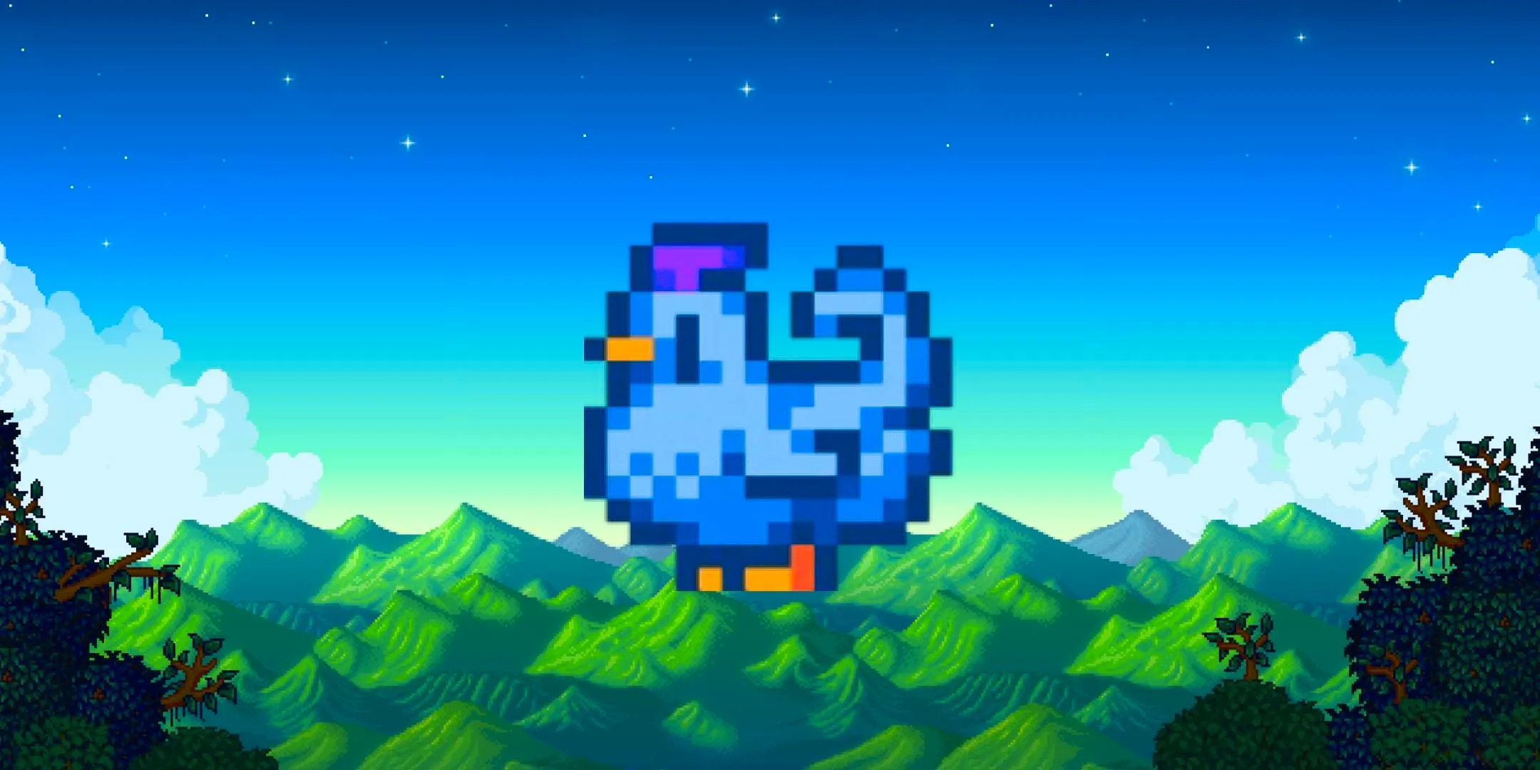 A blue chicken from Stardew Valley with a curly tail.  Image