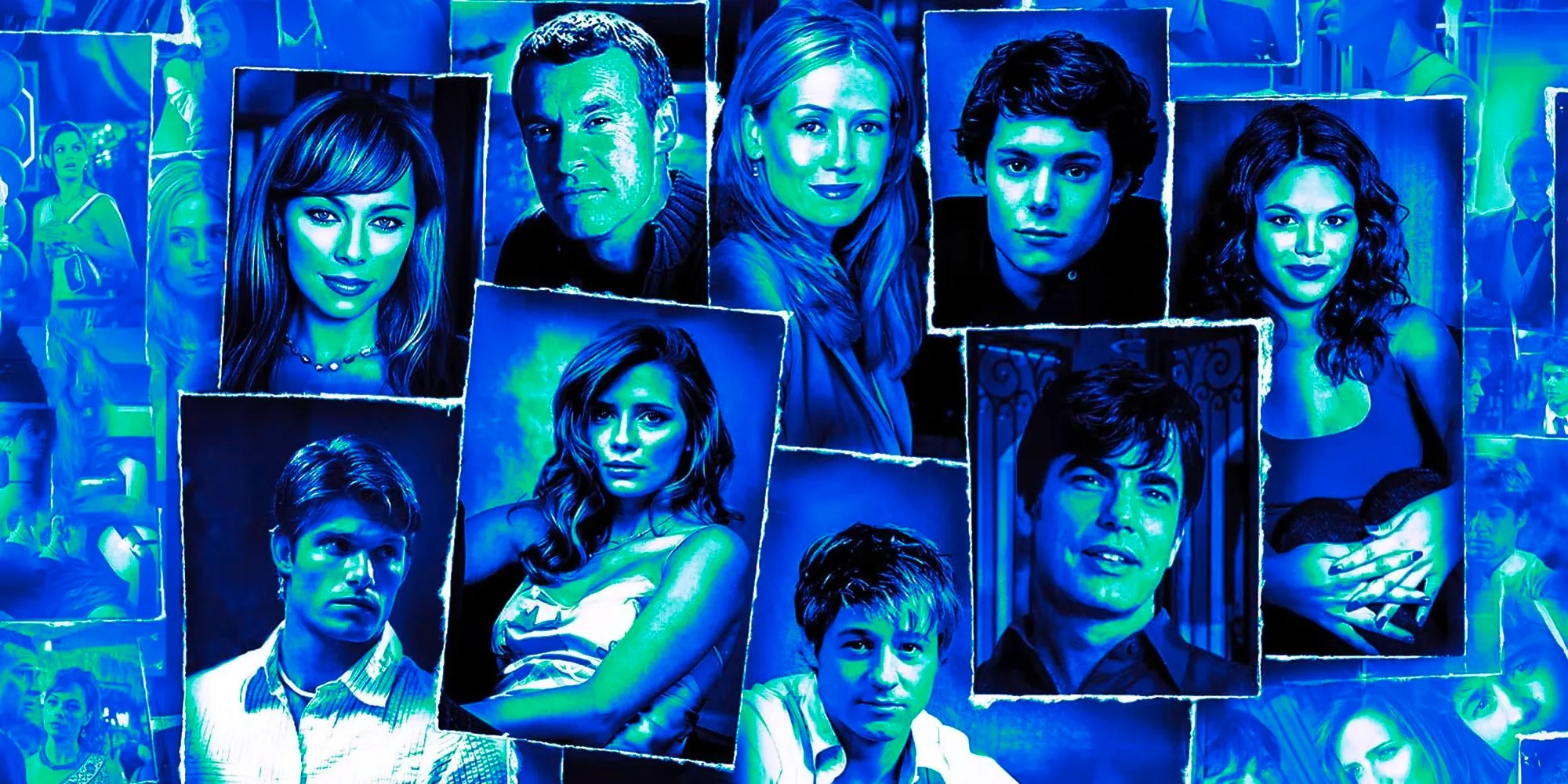 A blue collage of the cast of The O.C.  Image