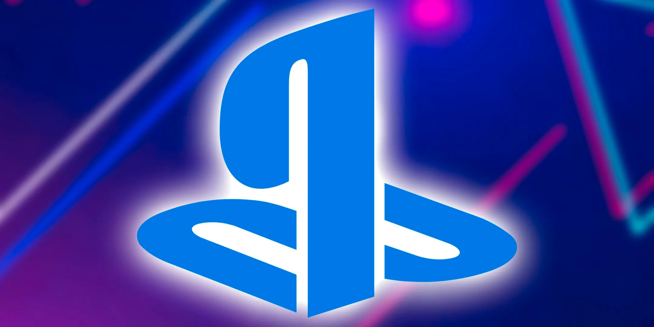 A blue PlayStation logo in front of a neon background. Image