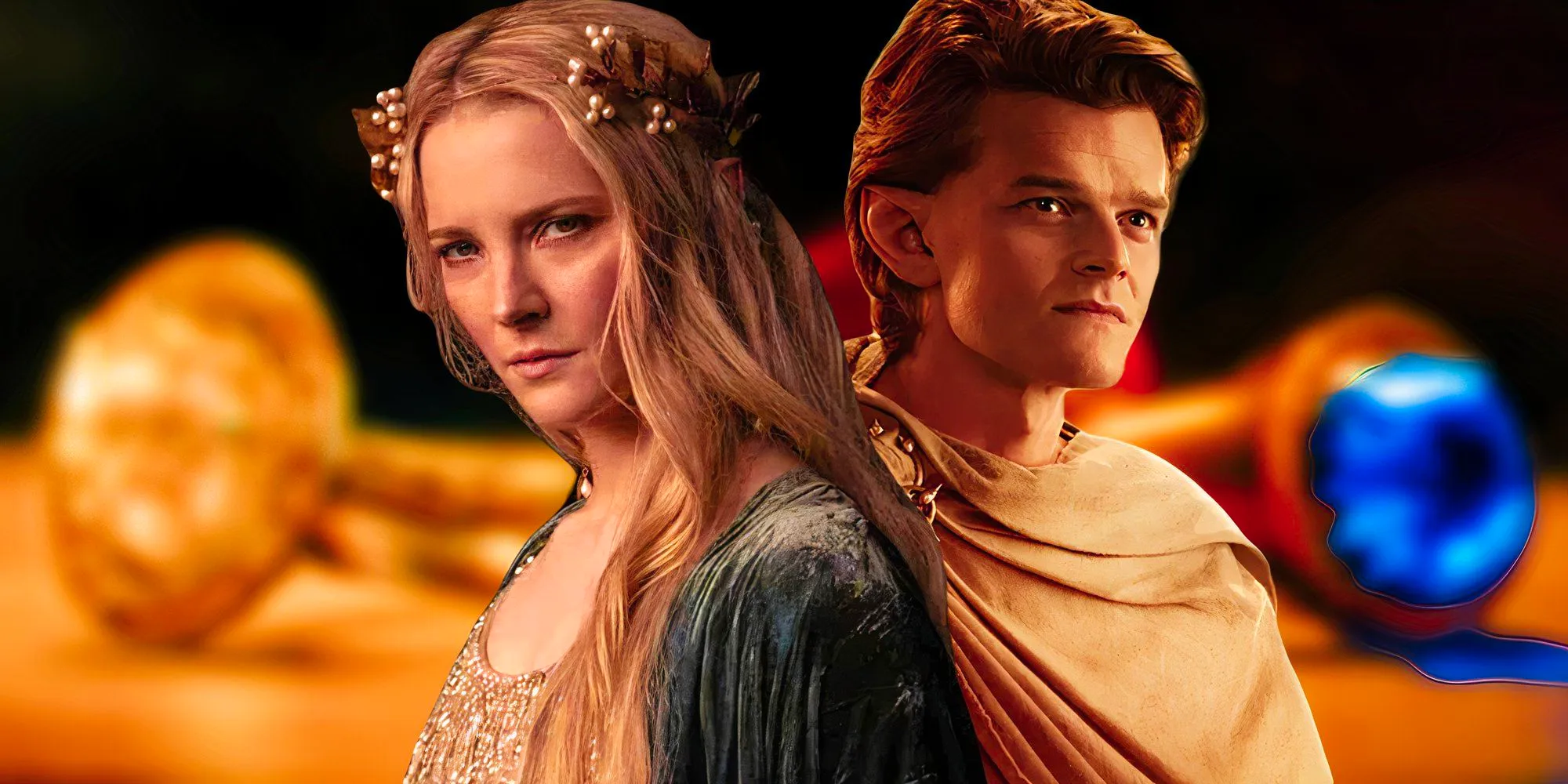 A blurred image of the Elven Rings from The Lord of the Rings: The Rings of Power (2022-) next to images of Morfydd Clark as Galadriel and Robert Aramayo as Elrond Image