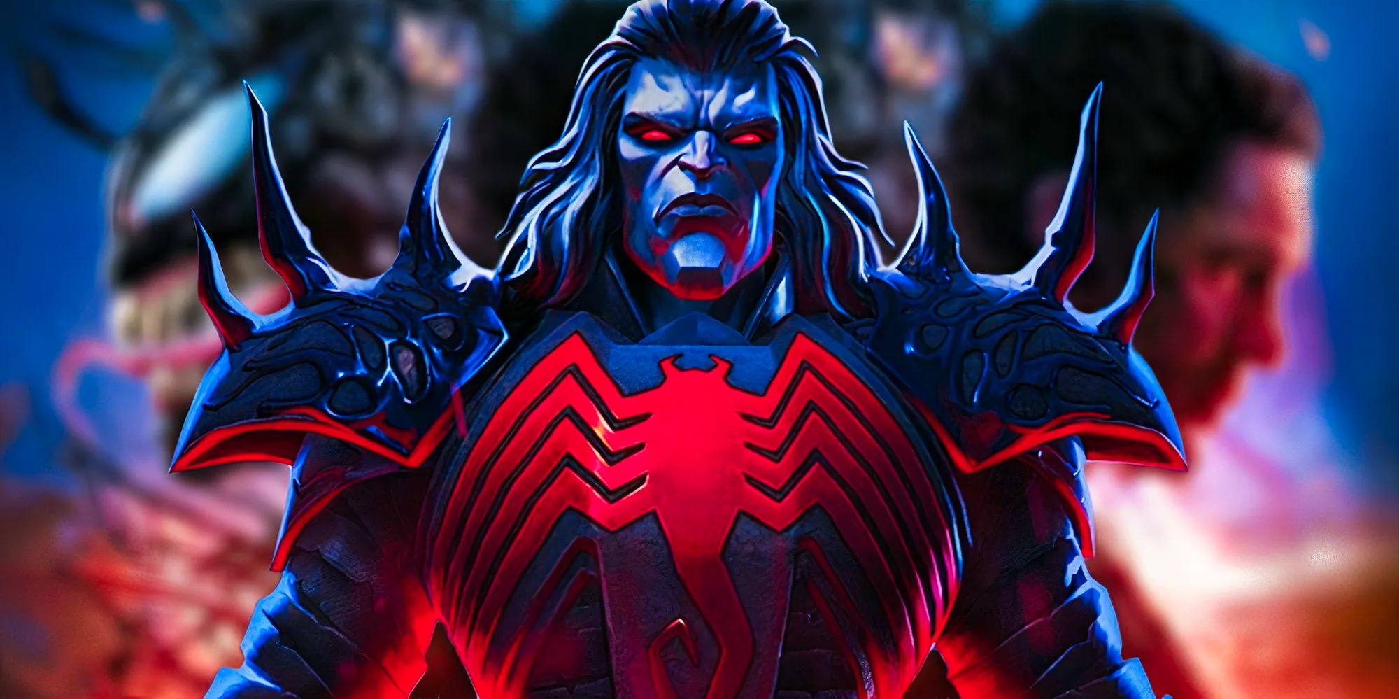 A blurred poster for Venom: The Last Dance (2024) behind artwork of Knull from Marvel's Contest of Champions Image