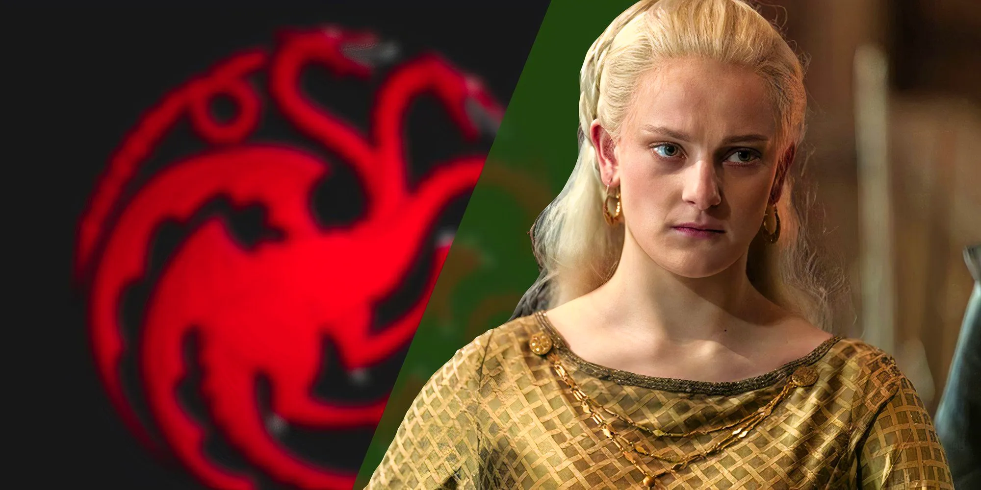 A blurred Targaryen Symbol behind Phia Saban as Helaena Targaryen in House of the Dragon (2022) Image