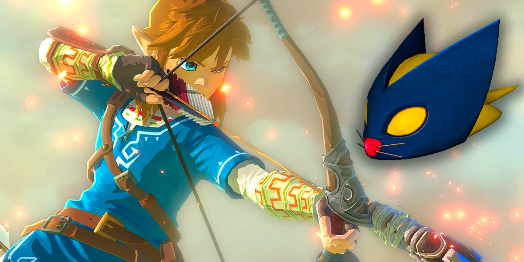 A Bombchu superimposed on an image of Link firing a bow. Image