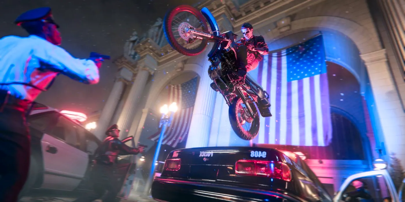 A Call of Duty: Black Ops 6 character ramping over a police car with a dirt bike. Image