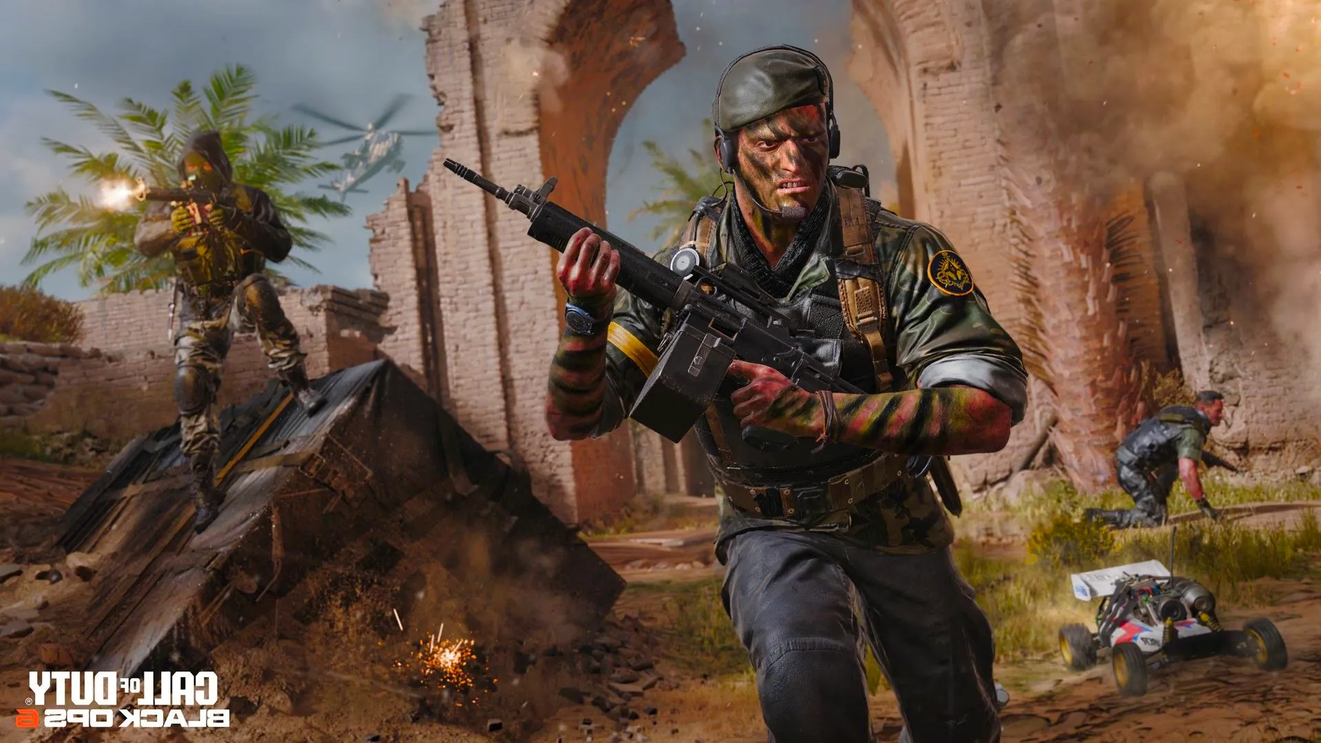 A Call of Duty Black Ops 6 screenshot featuring a soldier running through a warzone. Image