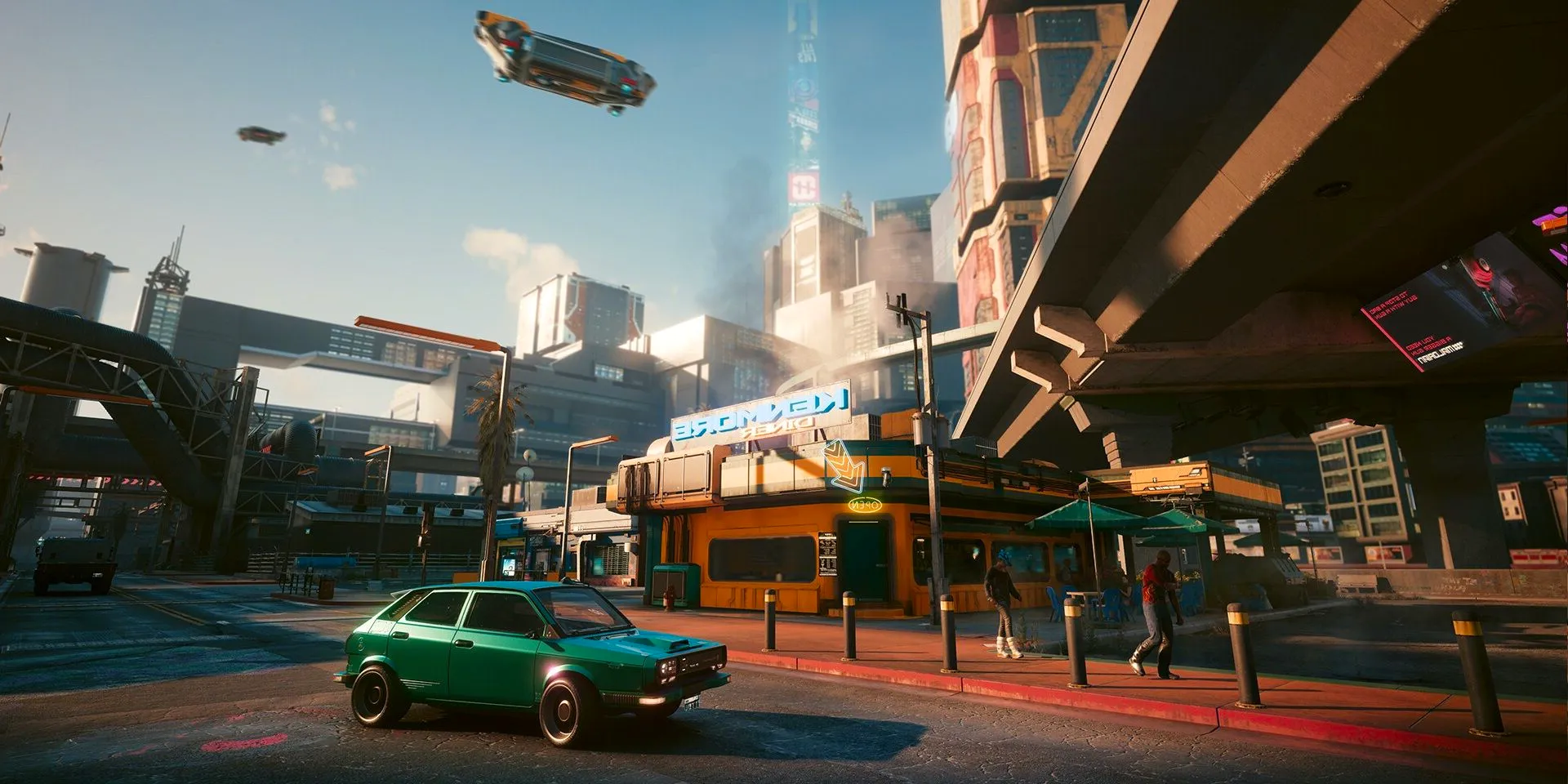 A car outside of a diner in Night City in Cyberpunk 2077. Image