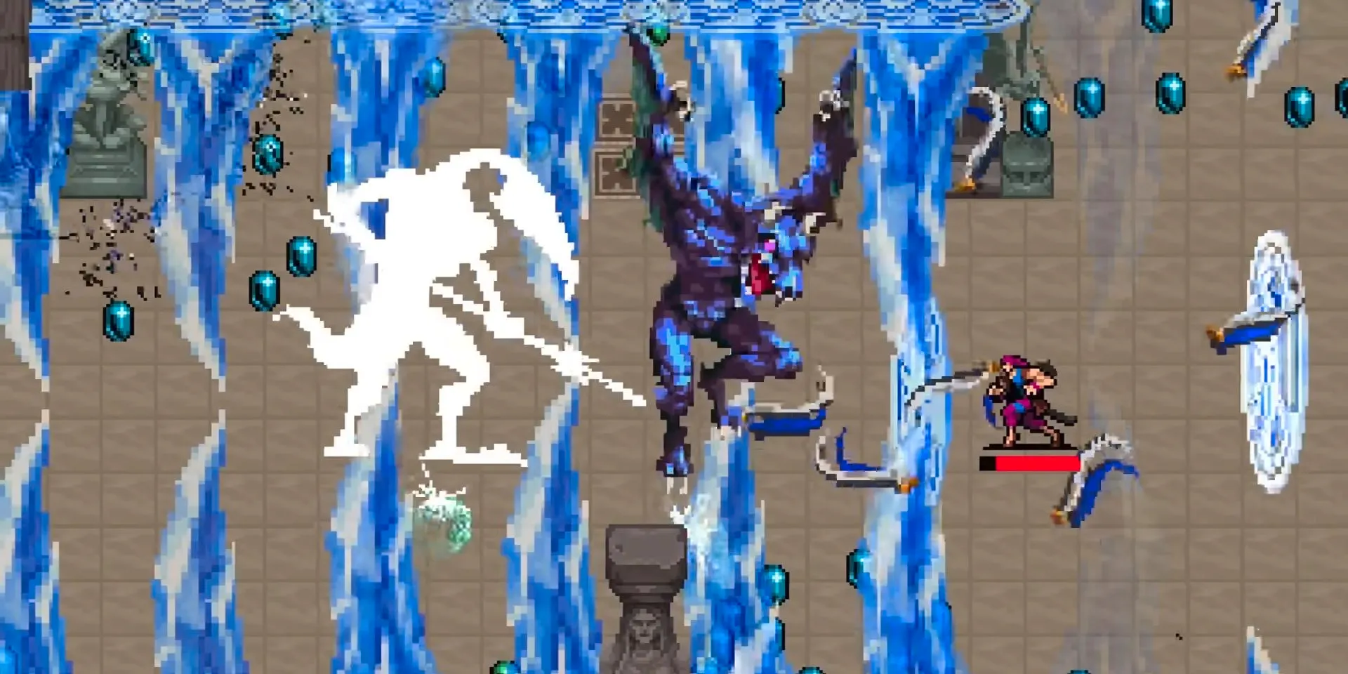 A Castlevania character fighting a blue demon, summoning spikes out of portals on all sides of the screen in Vampire Survivors. Image