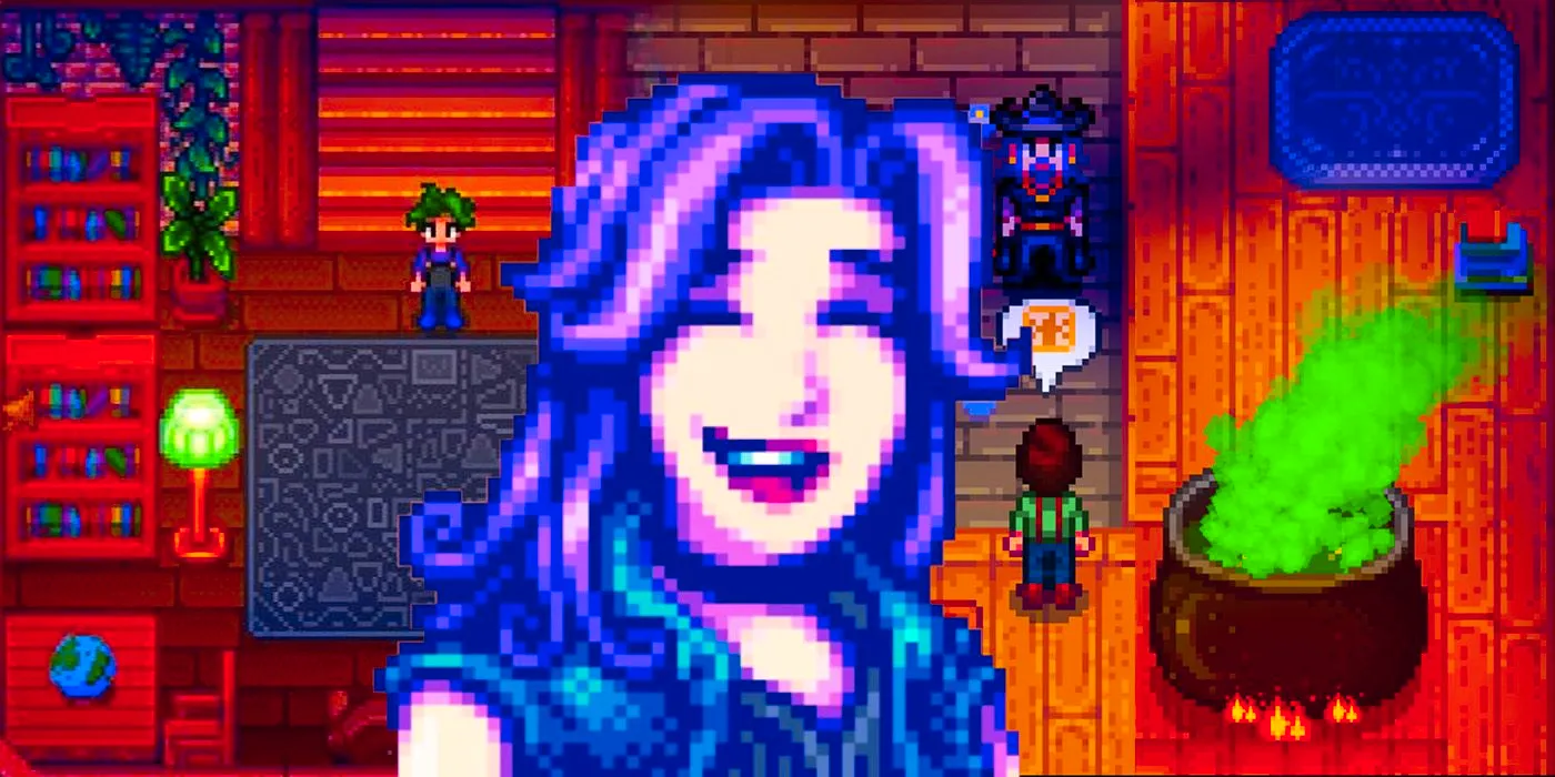 A cauldron with some bookcases and a happy Stardew Valley character Image