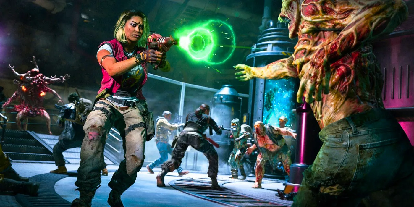 A character in Call of Duty: Black Ops 6 Zombies firing the ray gun at an enemy. Image