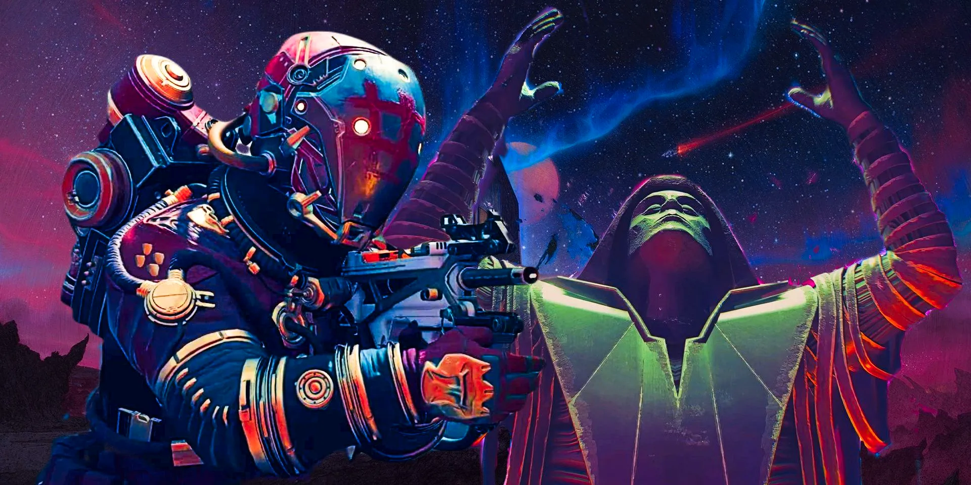 A character with a spacesuit looking down the scope of their rifle, and a statue of a House Varuun member in prayer in screenshots from Starfield. Image