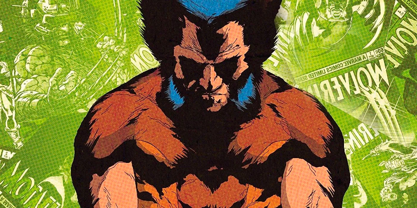 A classic illustrations of Wolverine, out of costume (foreground) with old issues of Wolverine piled behind him. Image