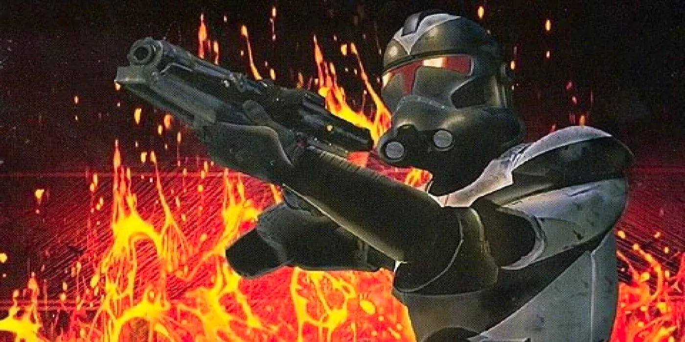 A Clone Shadow Trooper aims his blaster with lava in the background in Star Wars Legends. Image