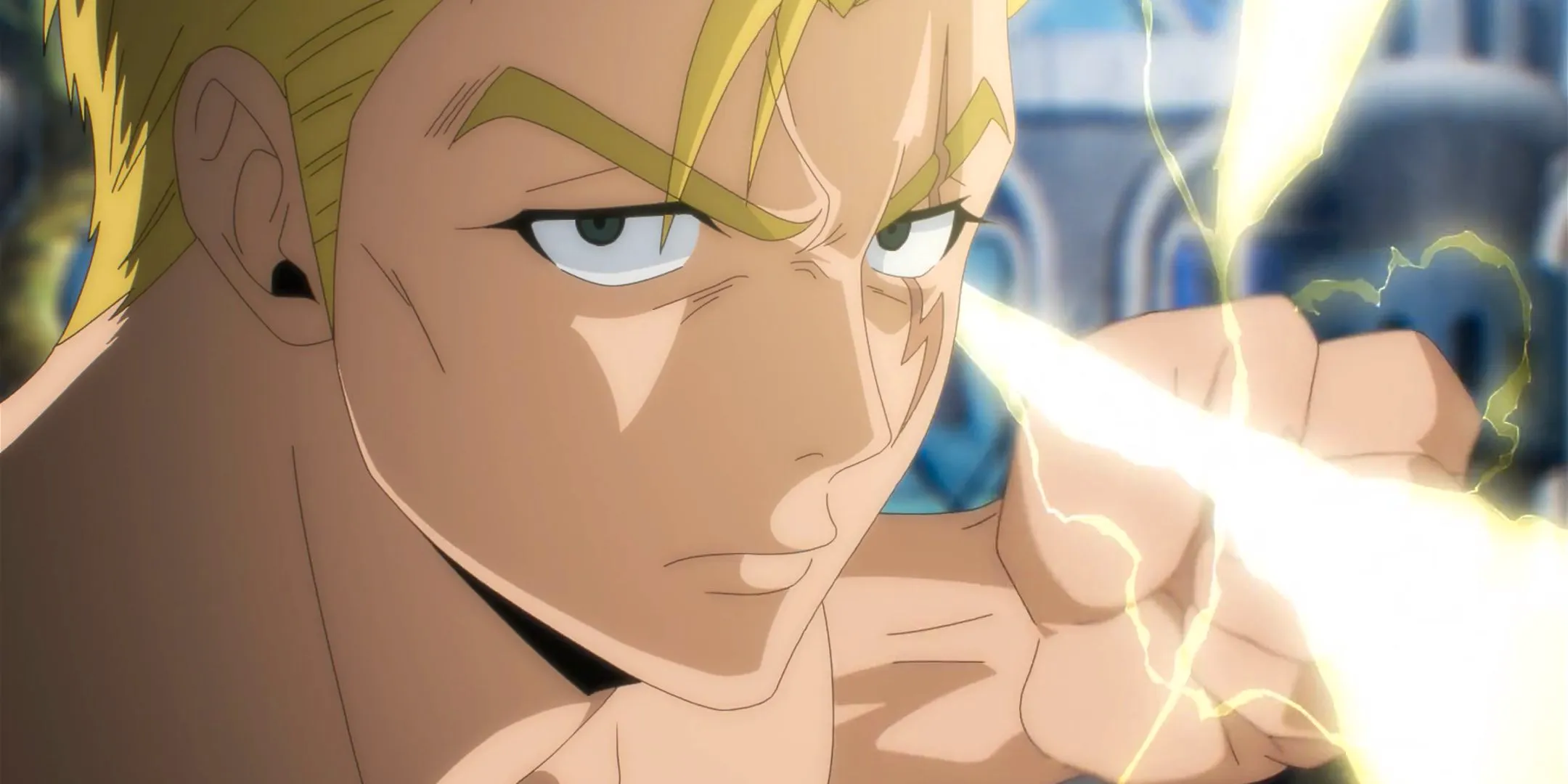 a close up of laxus with his fist drawn in fairy tail 100 years quest Image