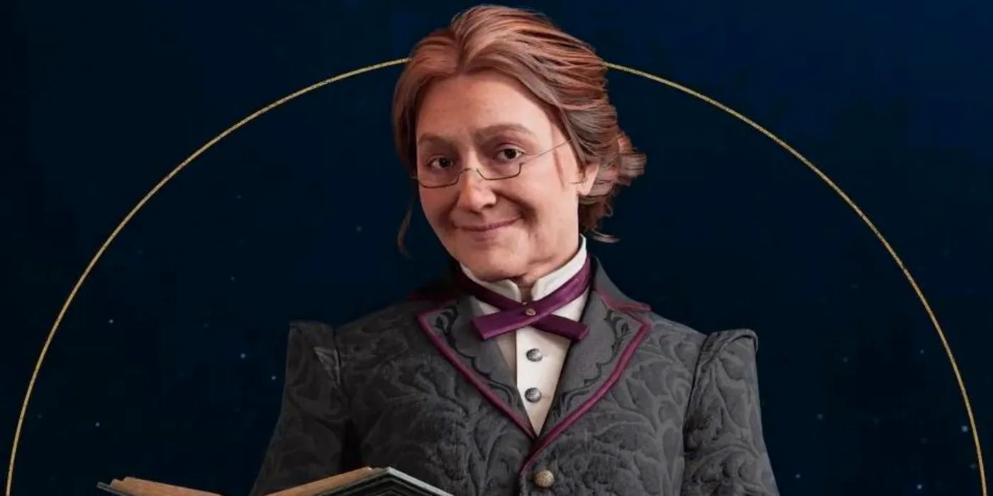 A close-up of Professor Matilda Weasley from Hogwarts Legacy against a dark background. Image