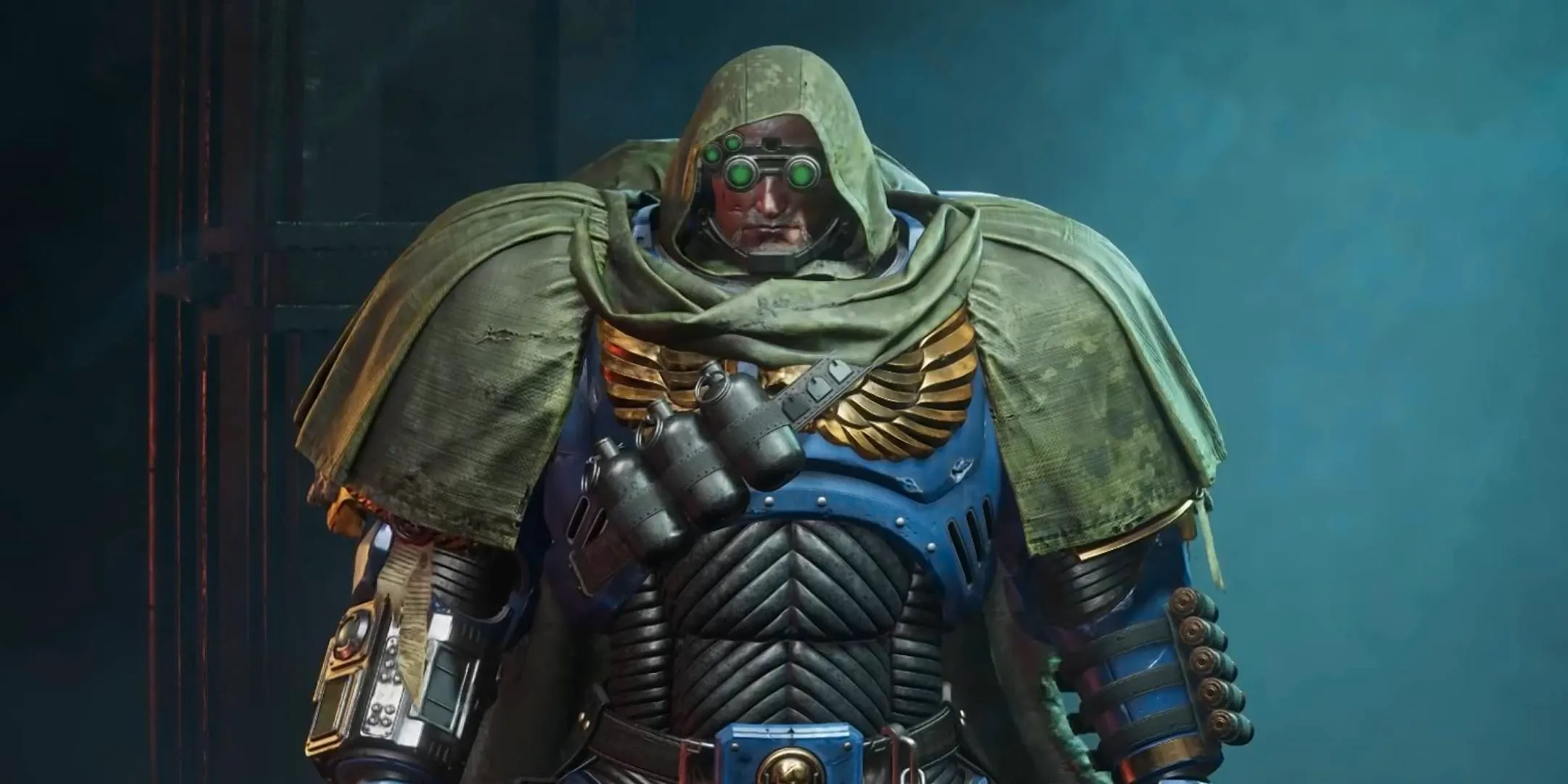 A close-up of the Sniper Class Relic Secundus armor set in Space Marine 2. Image