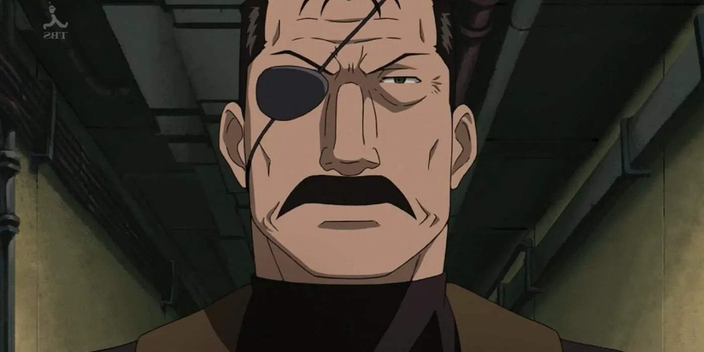 A close-up of Wrath looking serious in Fullmetal Alchemist. Image