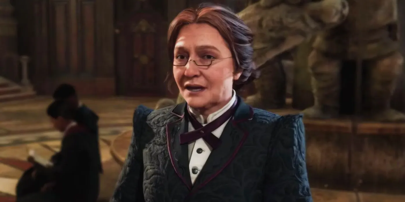 A close-up screenshot of Professor Weasley speaking to the student in Hogwarts Legacy, looking concerned. Image