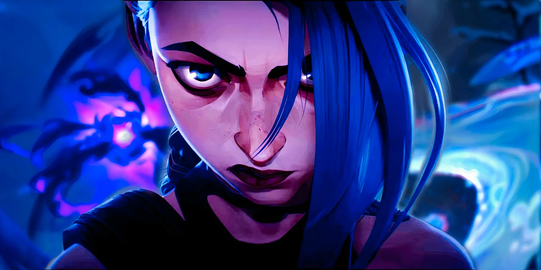 A closeup of League of Legends's Jinx from Arcane scowling at the player Image