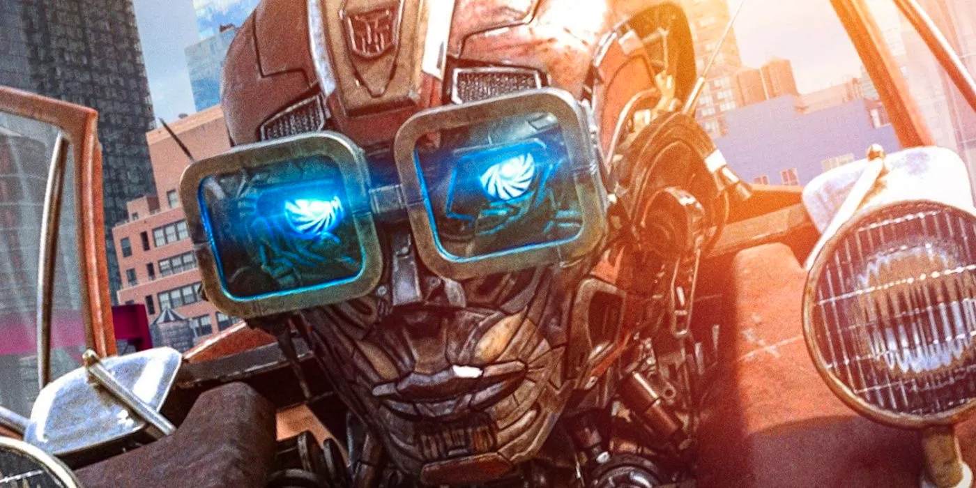 A closeup of Wheeljack wearing glasses in Transformers Rise of the Beasts. Image