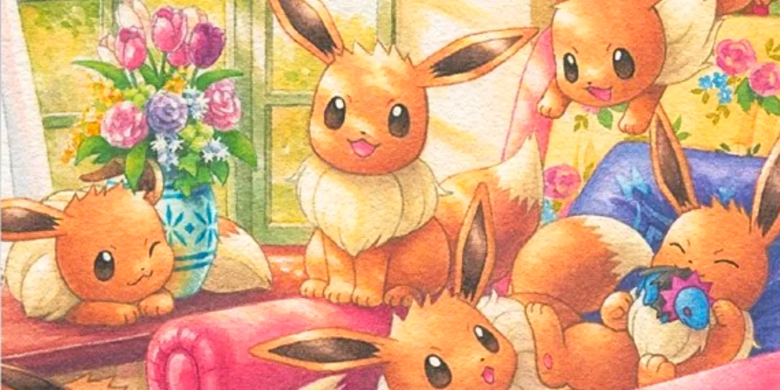 A closeup on the card art for Illustration Rare Eevee in the Pokemon TCG Twilight Masquerade expansion. Image