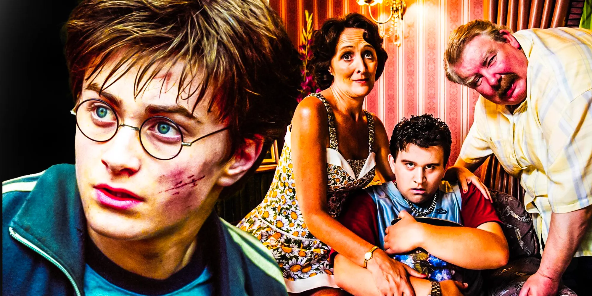 A collage features Vernon, Dudley, and Petunia Dursley after Dudley is attacked by a Dementor in Harry Potter and the Order of the Phoenix and Daniel Radcliffe s Harry Potter Image