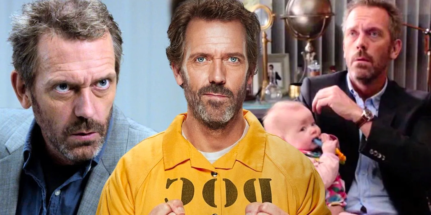 A collage image of three shots of Hugh Laurie as Doctor Gregory House from House season 8. Image