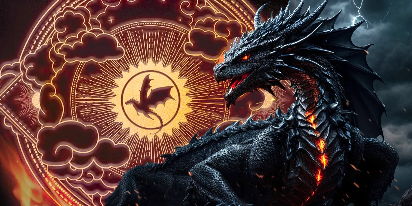 A collage of a black dragon over the official artwork for Onyx Flame Image