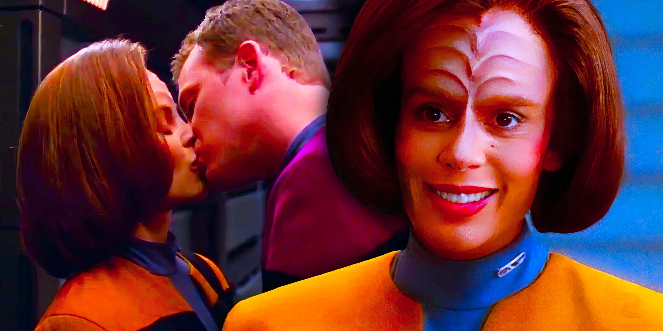 A collage of an image of B'Elanna Torres from Star Trek: Voyager smiling alongside an image of B'Elanna and Tom Paris kissing in the hallway of the USS Voyager. Image