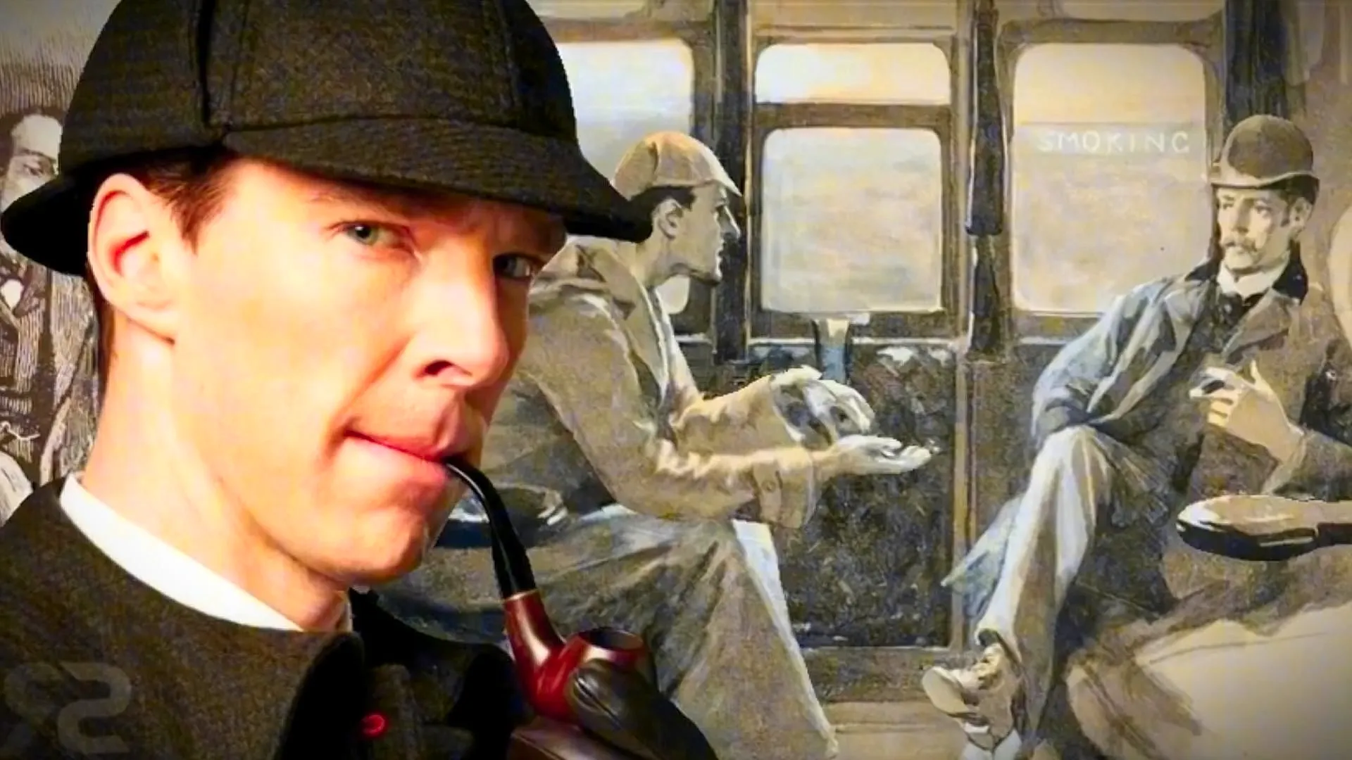 A collage of Benedict Cumberbatch as Sherlock Holmes overtop a painted image of Sherlock Holmes and Dr. Watson Image