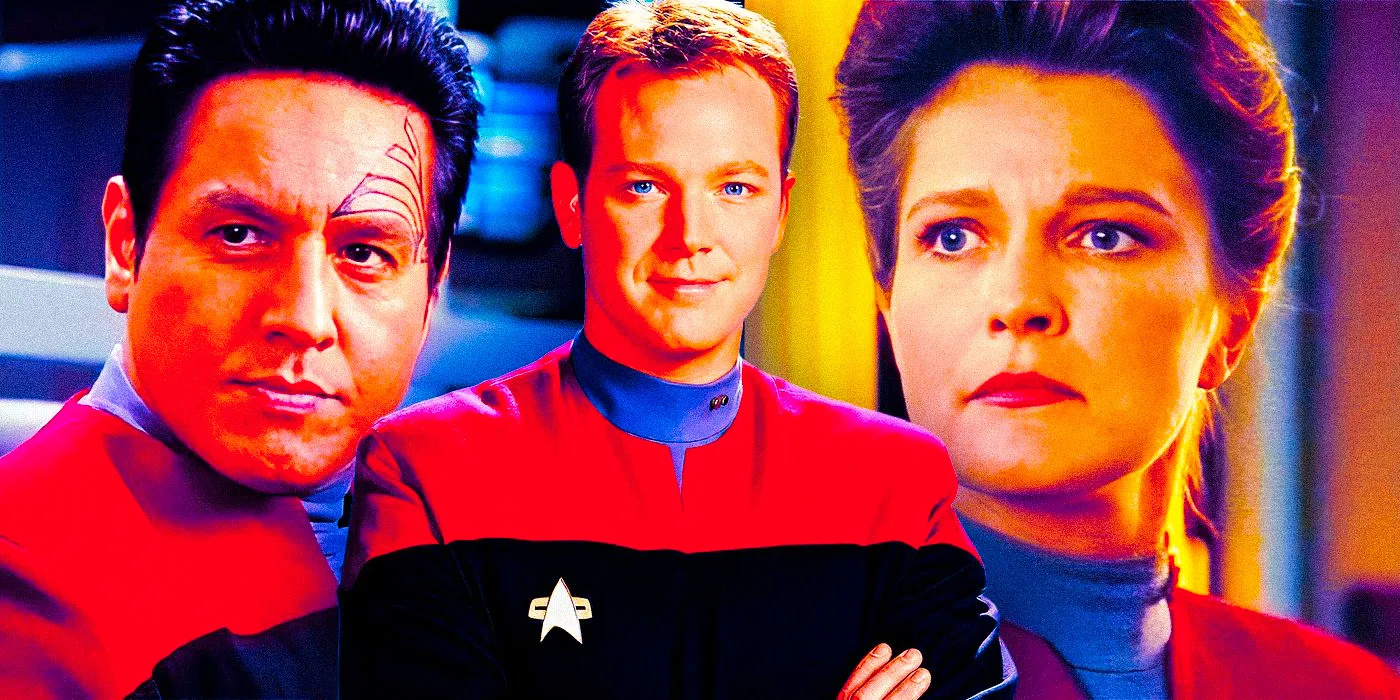 A collage of Captain Janeway, Tom Paris, and Chakotay from Star Trek: Voyager all staring off-screen. Image