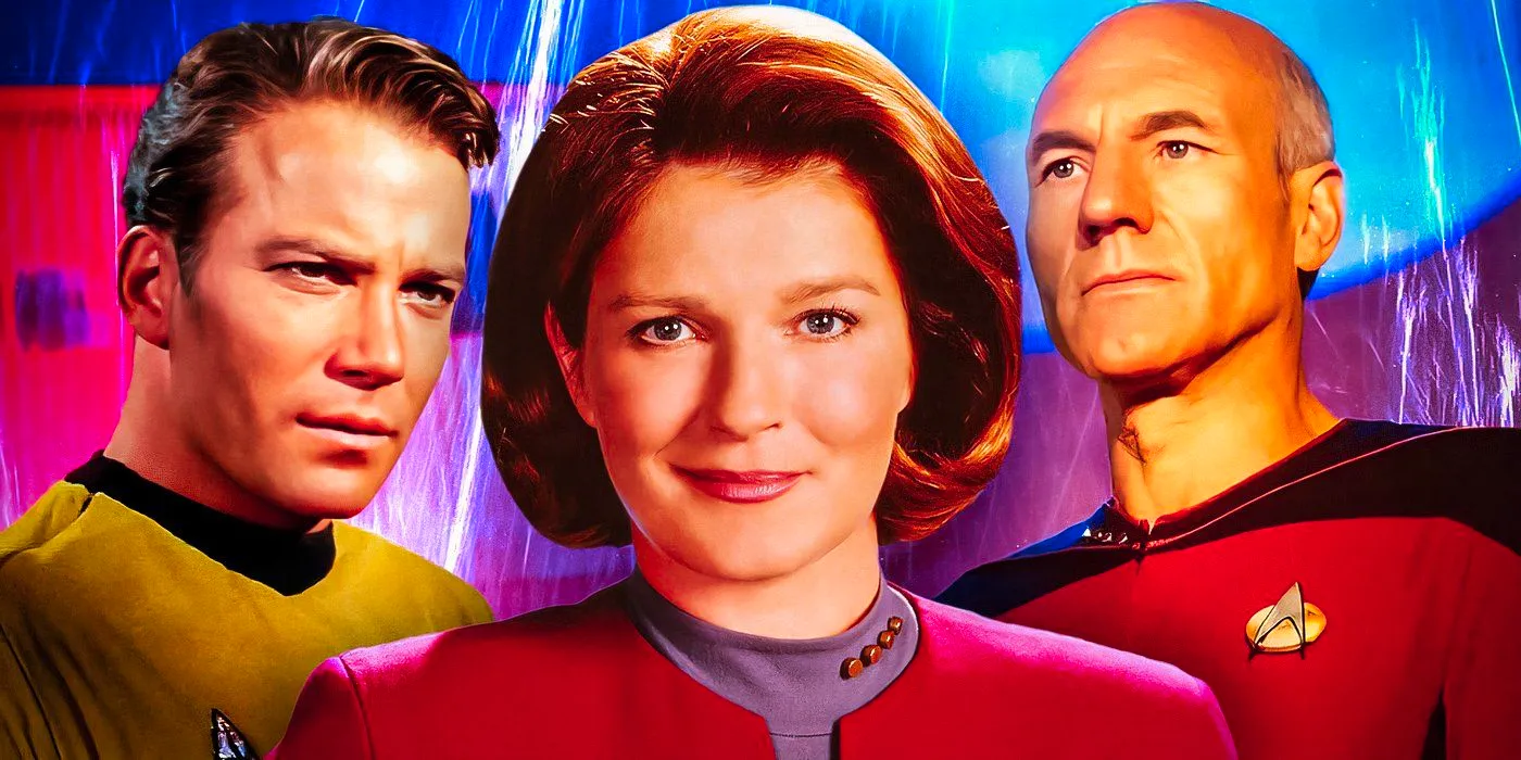 A collage of Captain Picard, Captain Janeway, and Captain Kirk from Star Trek on a blue and pink background. Image