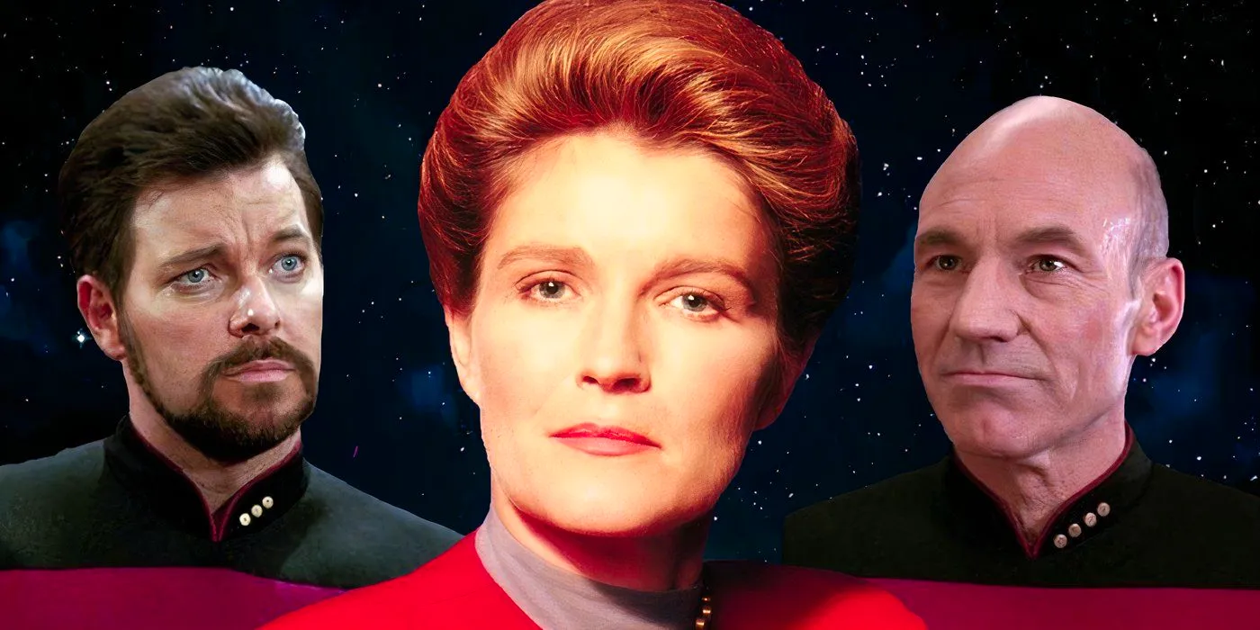 A collage of Captain Picard, Captain Janeway, and Commander Riker from Star Trek: The Next Generation and Voyager respectively on a starry background. Image