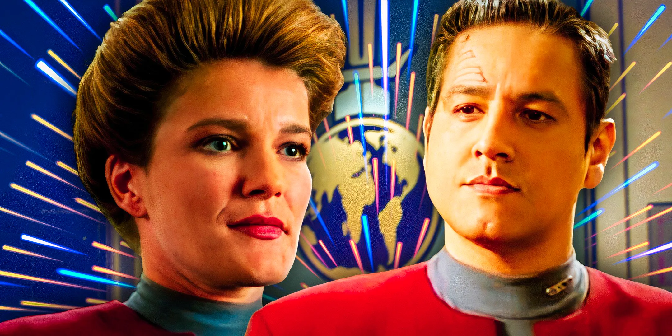 A collage of Commander Chakotay and Captain Janeway from Star Trek: Voyager with the Mirror Universe logo in the background. Image